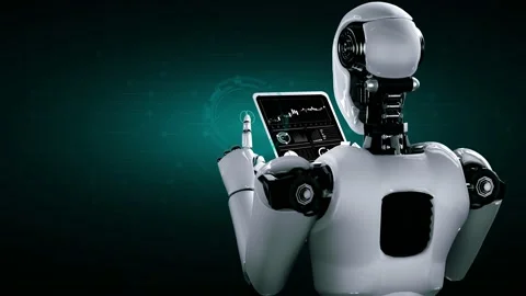 Robot hominoid using tablet computer in concept of AI thinking brain Stock Footage 233996366