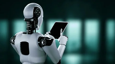 Robot hominoid using tablet computer in concept of AI thinking brain Stock Footage 235574138