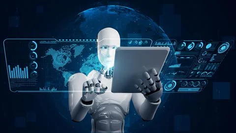 Robot hominoid using tablet computer for global network connection Stock Illustration