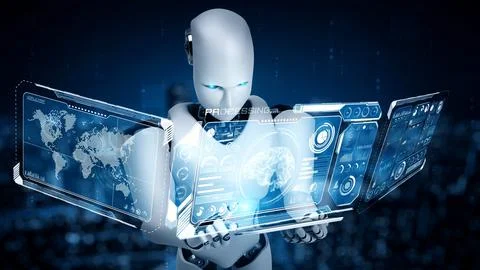 Robot hominoid using tablet computer for big data analytic Stock Illustration