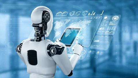 Robot hominoid using tablet computer for big data analytic Illustrazione stock