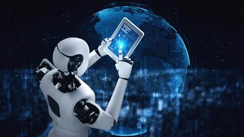 Robot hominoid using tablet computer for global network connection Stock Illustration