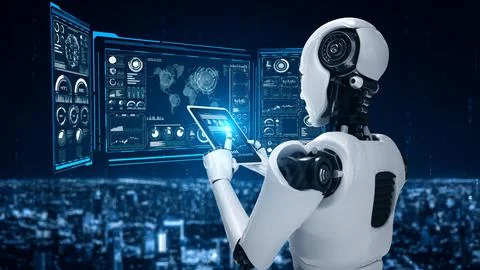 Robot hominoid using tablet computer for big data analytic Stock Illustration