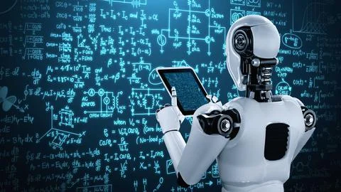 Robot hominoid using tablet computer for engineering science studying Stock Illustration