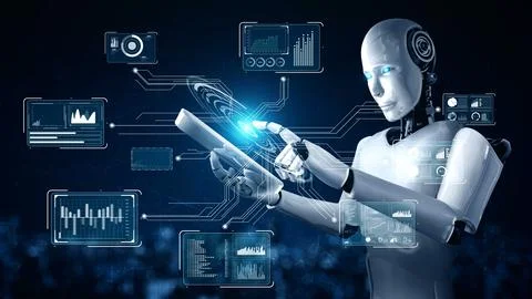 Robot hominoid using tablet computer for big data analytic Stock Illustration