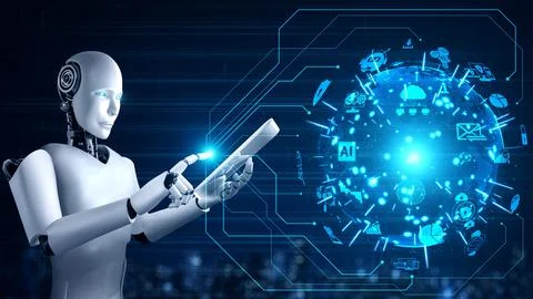 Robot hominoid using tablet computer for global network connection Stock Illustration