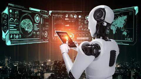 Robot hominoid using tablet computer in concept of AI thinking brain イラスト素材