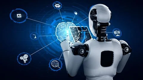 Robot hominoid using tablet computer in concept of AI thinking brain Stock Illustration