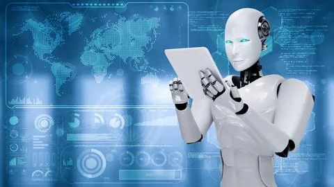 Robot hominoid using tablet computer for big data analytic Stock Illustration