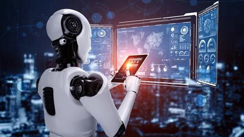 Robot hominoid using tablet computer for big data analytic 库存插图