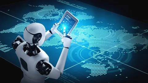 Robot hominoid using tablet computer for big data analytic Stock Illustration