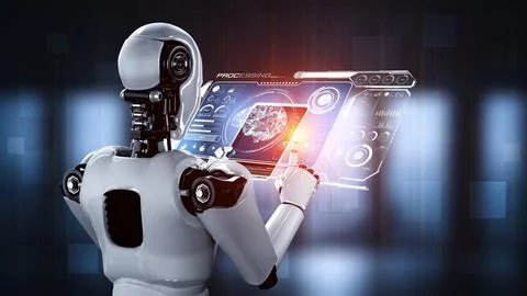 Robot hominoid using tablet computer in concept of AI thinking brain Stock Illustration