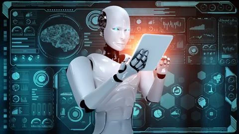 Robot hominoid using tablet computer for big data analytic Illustrazione stock