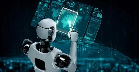 Robot hominoid using tablet computer for global network connection Stock Illustration
