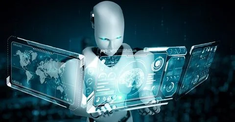 Robot hominoid using tablet computer for big data analytic Illustrazione stock