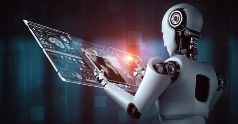 Robot hominoid using tablet computer for big data analytic Illustrazione stock