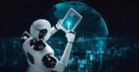 Robot hominoid using tablet computer for global network connection 스톡 일러스트