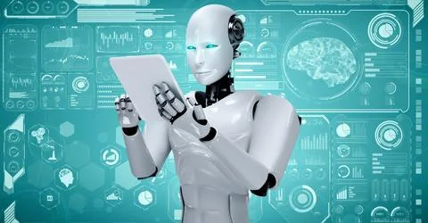 Robot hominoid using tablet computer for big data analytic Illustrazione stock