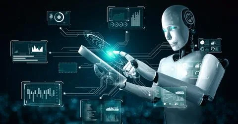 Robot hominoid using tablet computer for big data analytic Stock Illustration