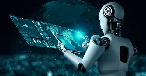 Robot hominoid using tablet computer for big data analytic Illustrazione stock