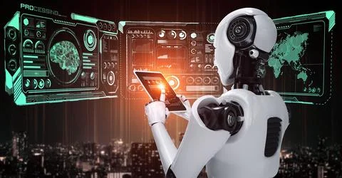 Robot hominoid using tablet computer in concept of AI thinking brain Stockillustratie