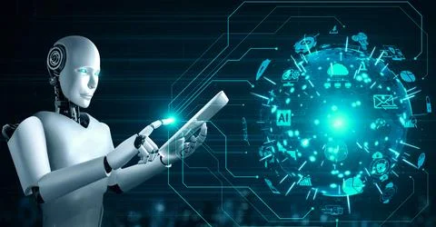 Robot hominoid using tablet computer for global network connection Stock Illustration