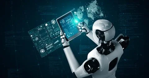 Robot hominoid using tablet computer for big data analytic Illustrazione stock