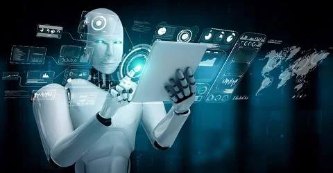 Robot hominoid using tablet computer for big data analytic Stock Illustration