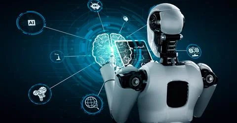 Robot hominoid using tablet computer in concept of AI thinking brain Stock Illustration