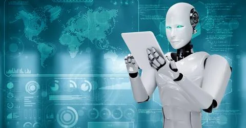 Robot hominoid using tablet computer for big data analytic Illustrazione stock