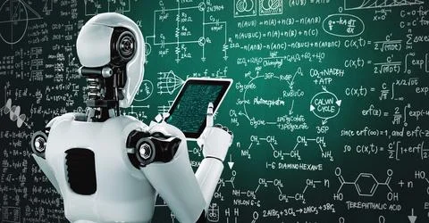 Robot hominoid using tablet computer for engineering science studying Stock Illustration