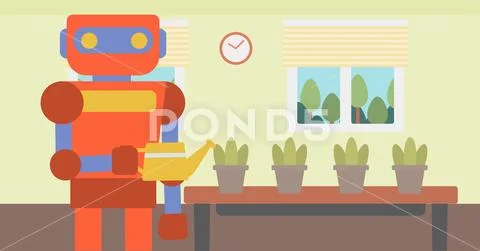 Robot housekeeper watering flowers Stock Illustration