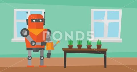 Robot housekeeper watering flowers. Stock Illustration