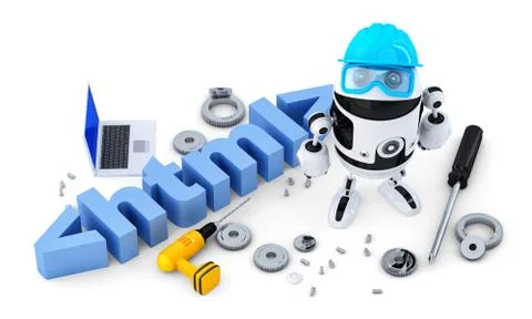 Robot with HTML sign. Technology concept. Isolated on white background. Conta 스톡 일러스트