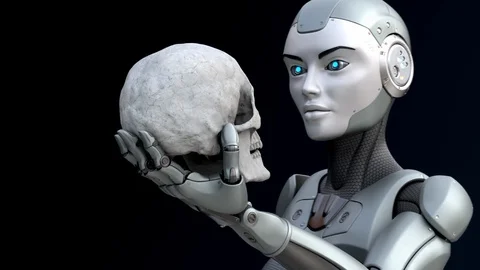 Robot with human skull in his hand Stock Footage 103221521