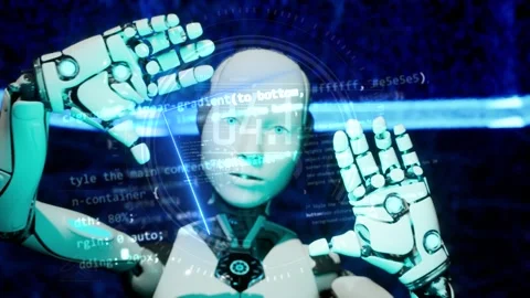 robot humanoid animation looking at data... | Stock Video | Pond5