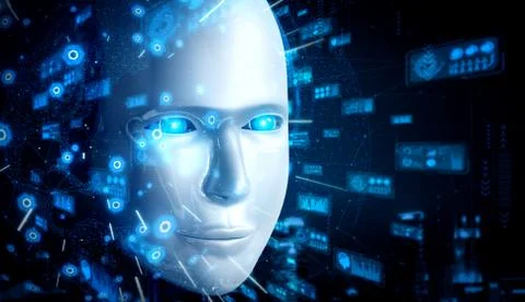 Robot humanoid face close up with graphic concept of big data analytic Illustrazione stock