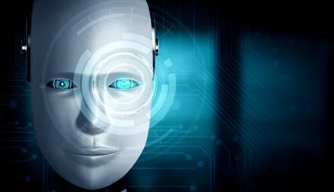 Robot humanoid face close up with graphic concept of AI thinking brain Stock Illustration