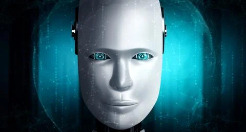 Robot humanoid face close up with graphic concept of AI thinking brain Stock Illustration
