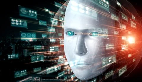 Robot humanoid face close up with graphic concept of big data analytic Illustrazione stock