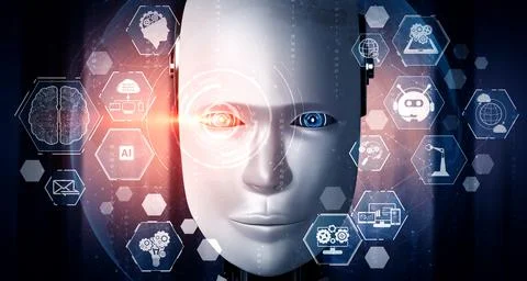Robot humanoid face close up with graphic concept of AI thinking brain Stock Illustration