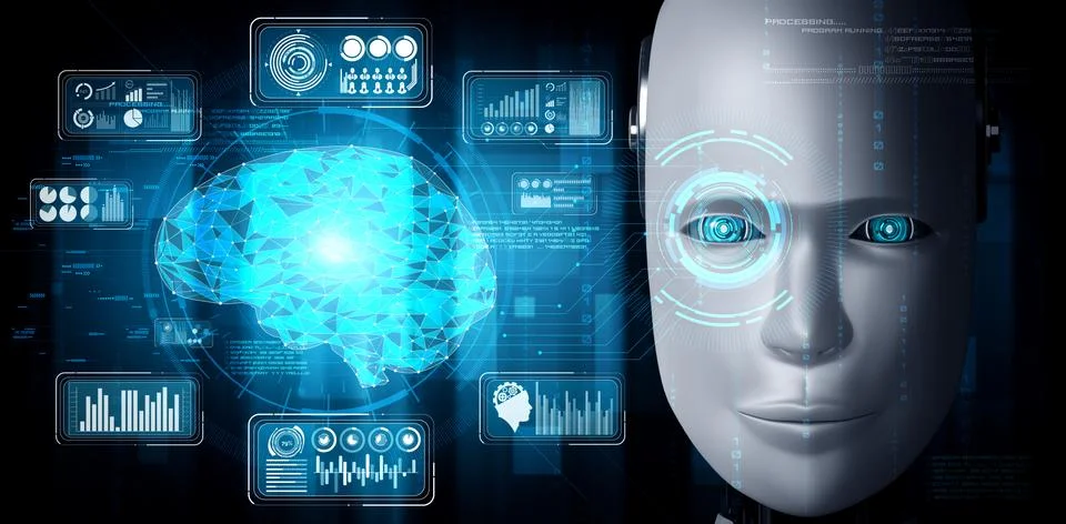 Robot humanoid face close up with graphic concept of big data analytic Stock Illustration