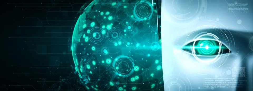 Robot humanoid face close up with graphic concept of big data analytic Stock Illustration