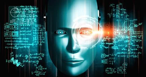 Robot humanoid face close up with graphic concept of engineering science study Illustrazione stock