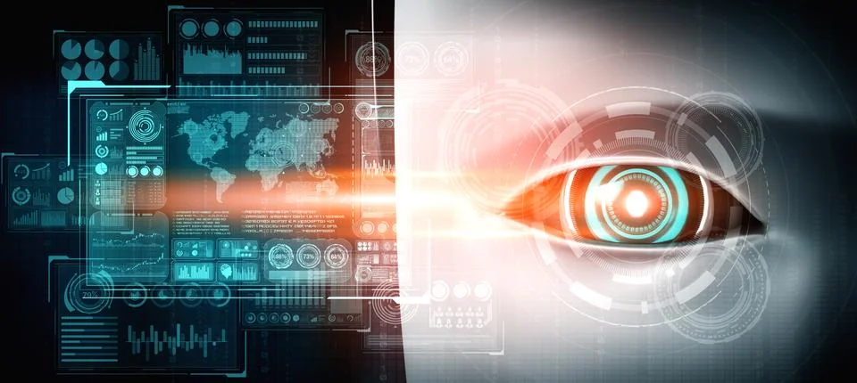 Robot humanoid face close up with graphic concept of big data analytic Illustrazione stock