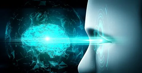 Robot humanoid face close up with graphic concept of AI thinking brain Stock Illustration