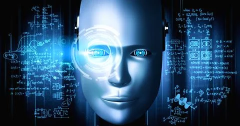 Robot humanoid face close up with graphic concept of engineering science study Stock Illustration