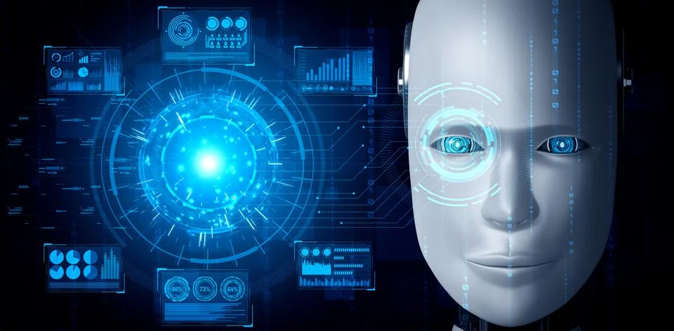Robot humanoid face close up with graphic concept of big data analytic Stock Illustration