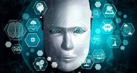 Robot humanoid face close up with graphic concept of AI thinking brain Stock Illustration