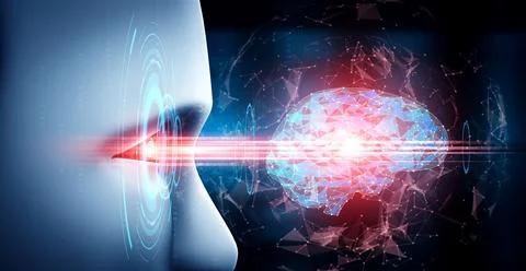 Robot humanoid face close up with graphic concept of AI thinking brain 스톡 일러스트